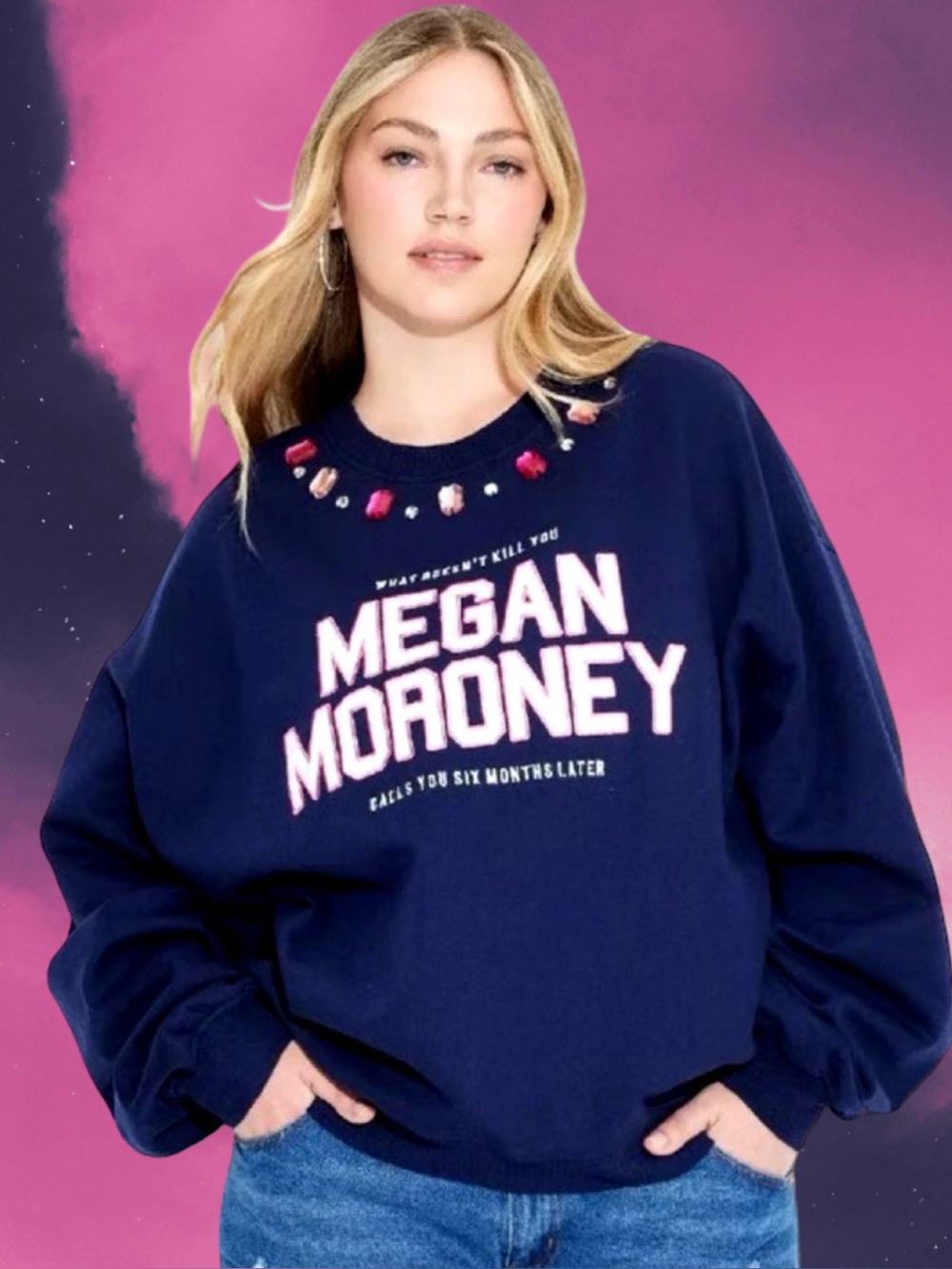 Women’s plus-size Navy Blue Bejeweled “Megan Moroney” Crewneck Sweatshirt⭐️⭐️3X